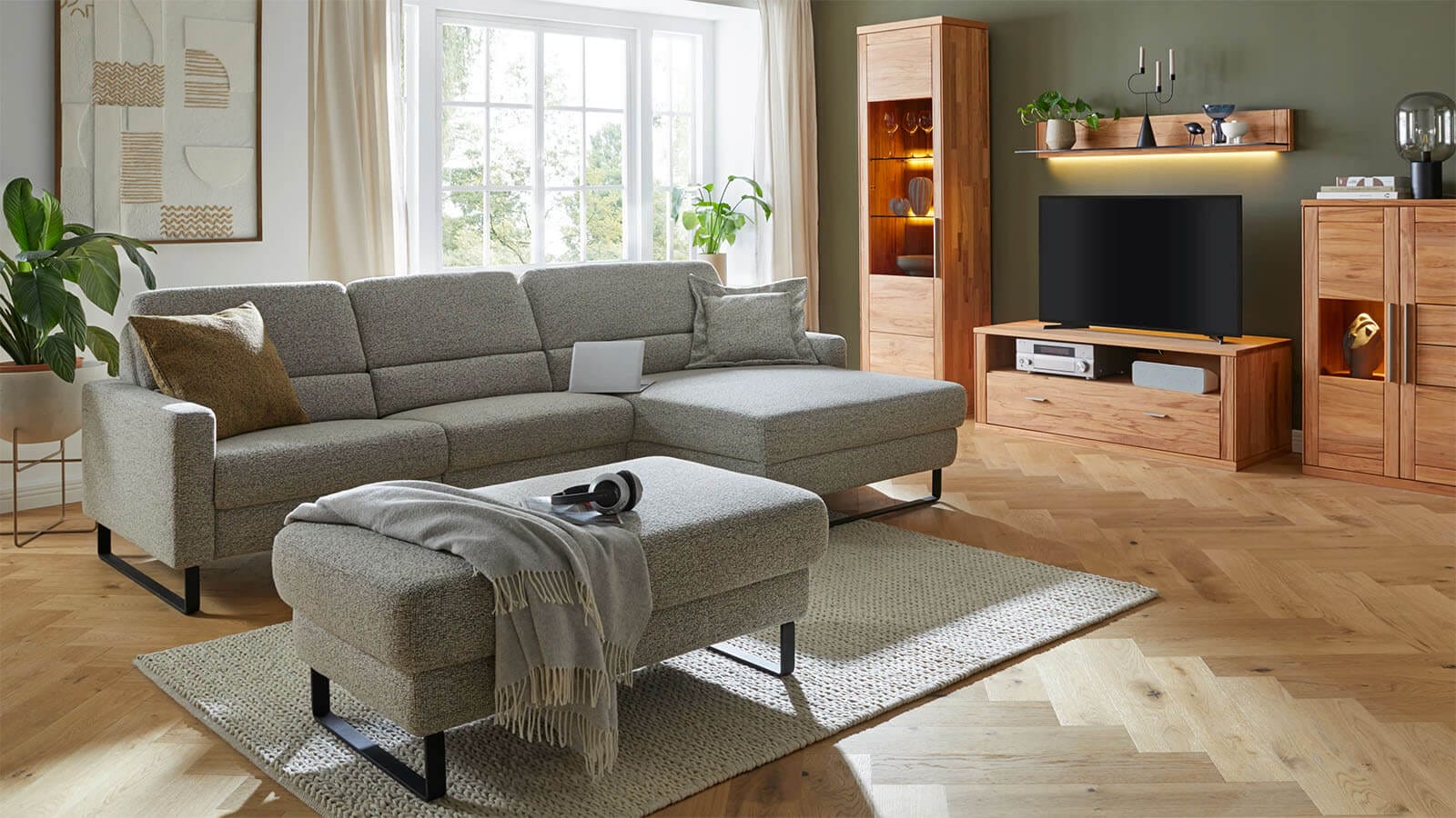 Sofa Valera - 3-Sitzer mit Longchair, Stoff in Limone oder Natur – Bild 30