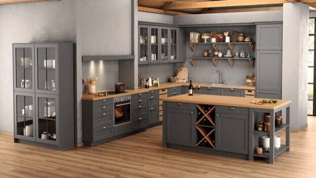 K&uuml;chen-Trends 2025: Landhausk&uuml;chen,, Beispielk&uuml;che grau mit Naturholz