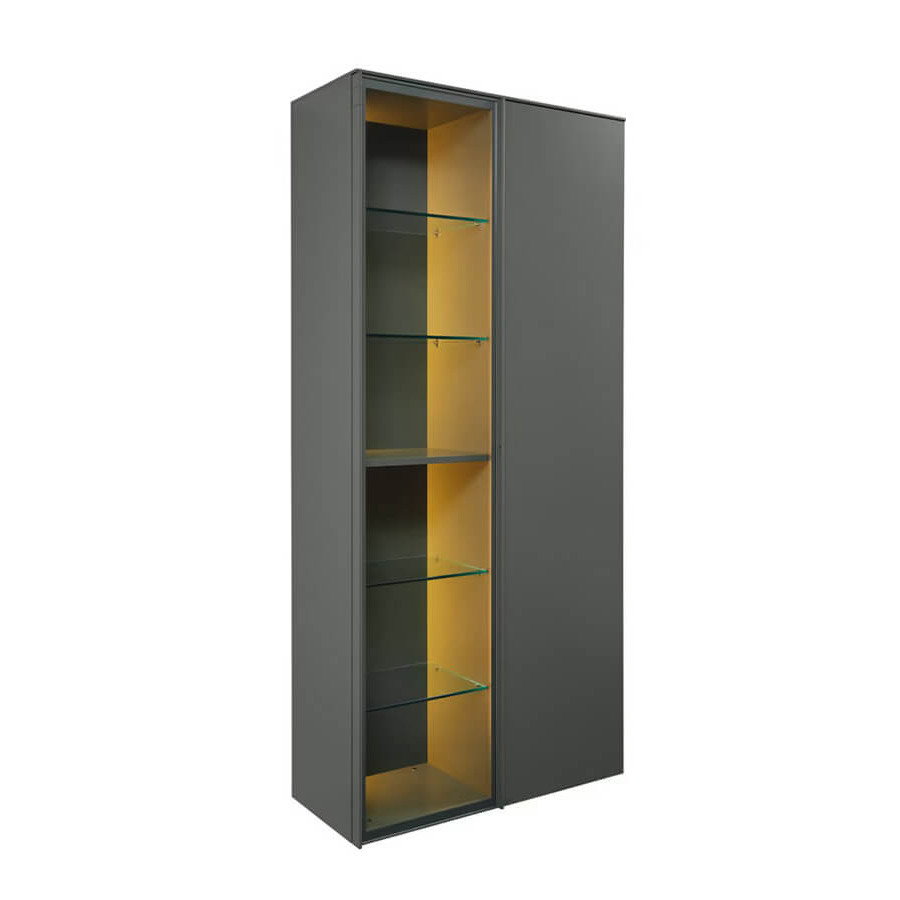 Vitrine Satola inklusive Beleuchtung Lack matt Olive Global Select modernes Wohnzimmermöbel stilvolle Glasvitrine praktischer Stauraum