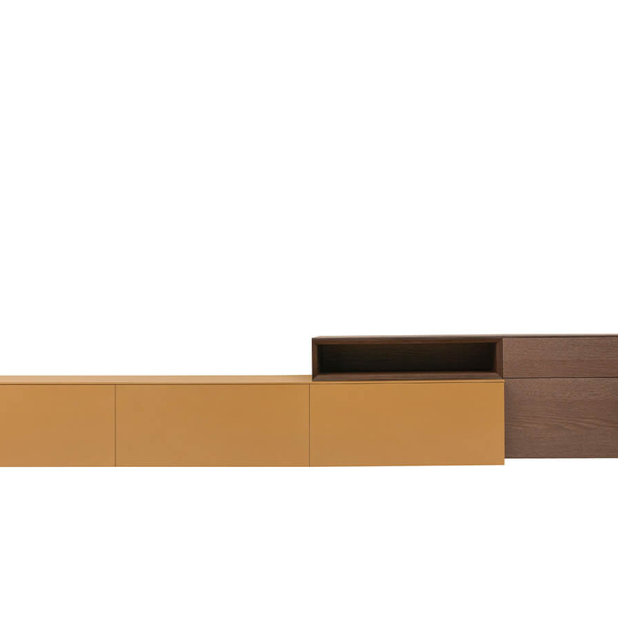 Wohnwand Satola aus Lack matt in Ocker und Eiche furniert in Dunkelbraun modern und stilvoll