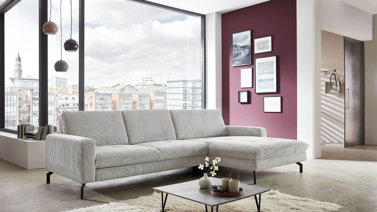 Ecksofa - 3-Sitzer mit Longchair rechts, Stoff, Grau – Bild 4