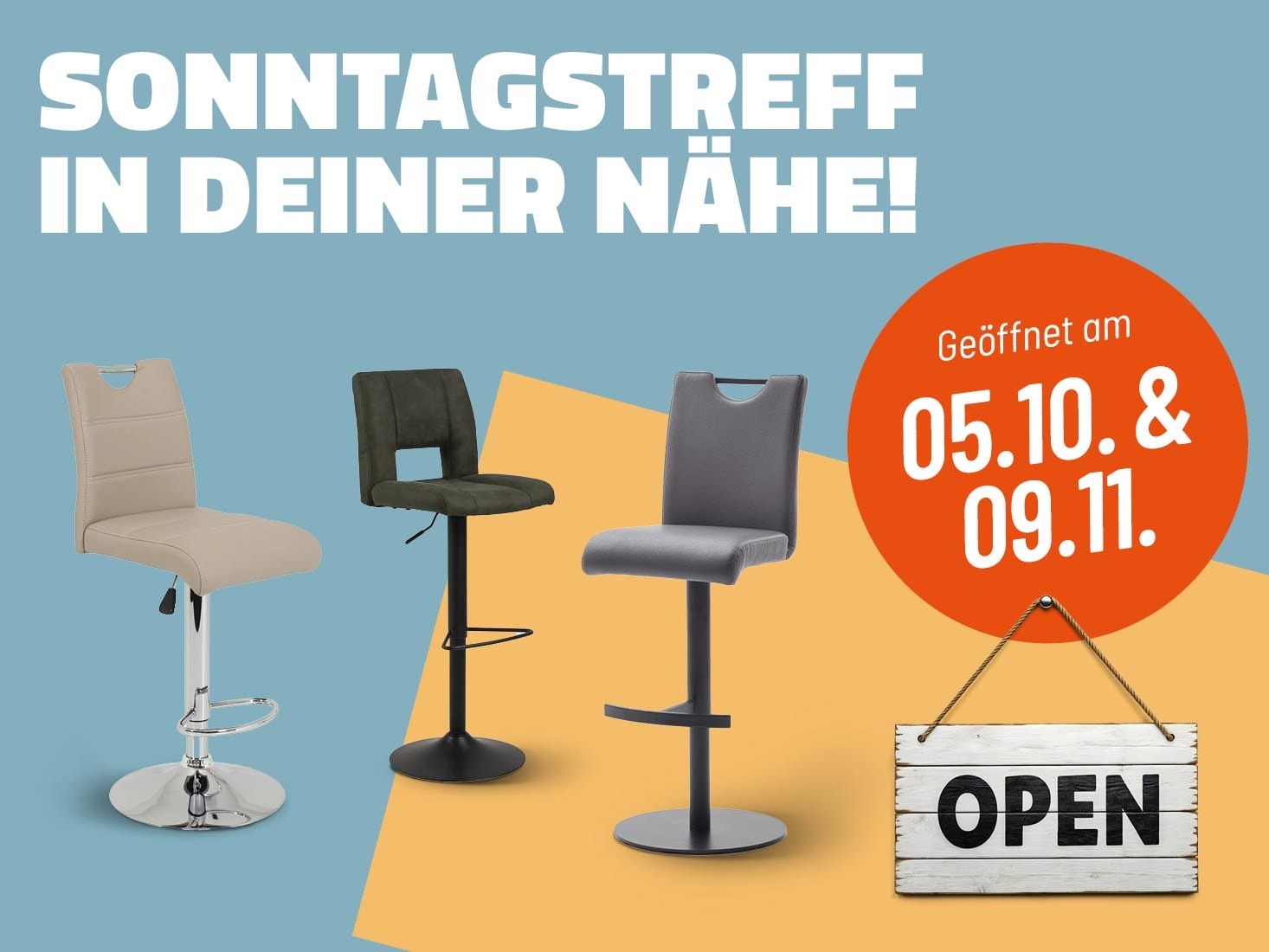 Banner verkaufsoffene Sonntage. Sonntagstreff in deiner Nähe. Wir haben geöffnet am 05.10.2025 und am 09.11.2025.