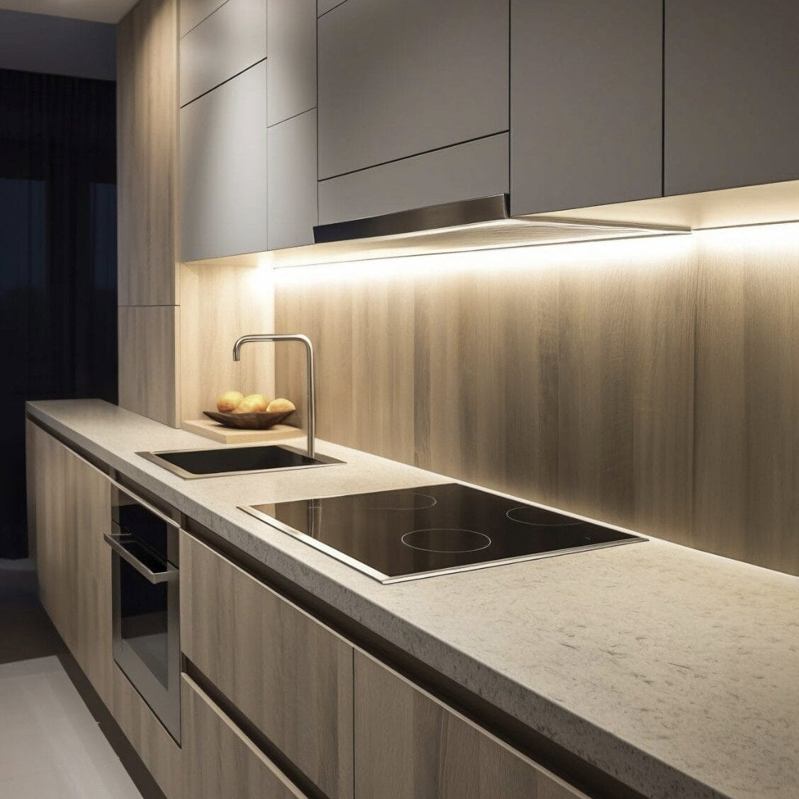 Moderne Küchenzeile mit integrierter LED-Unterbauleuchte und Deckenstrahlern für optimale Ausleuchtung