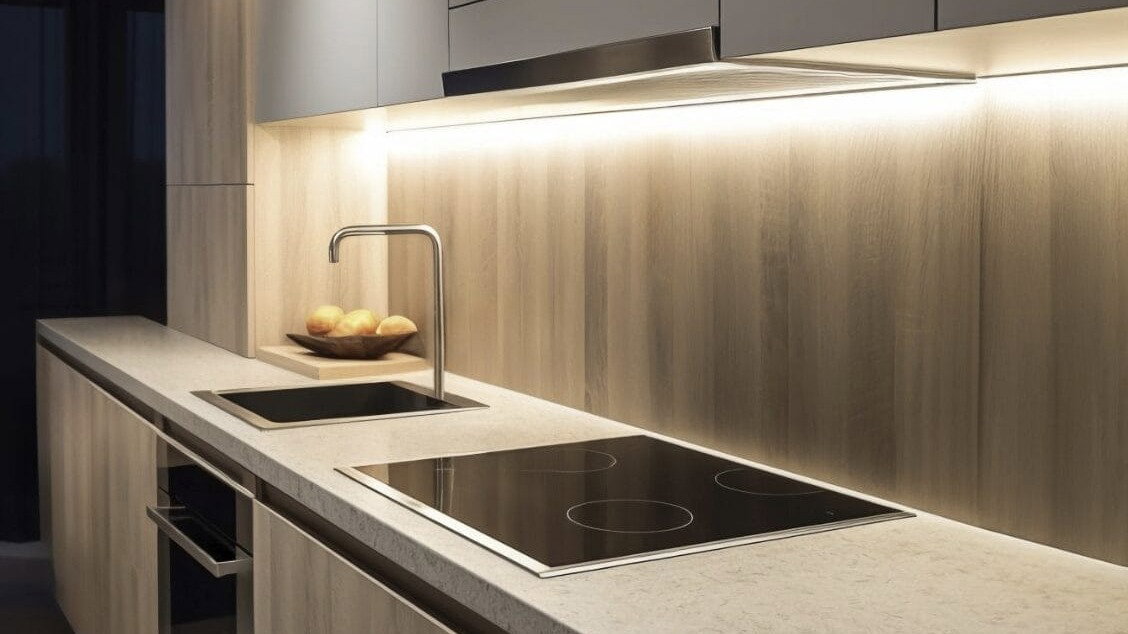 Moderne K&uuml;chenzeile mit integrierter LED-Unterbauleuchte und Deckenstrahlern f&uuml;r optimale Ausleuchtung