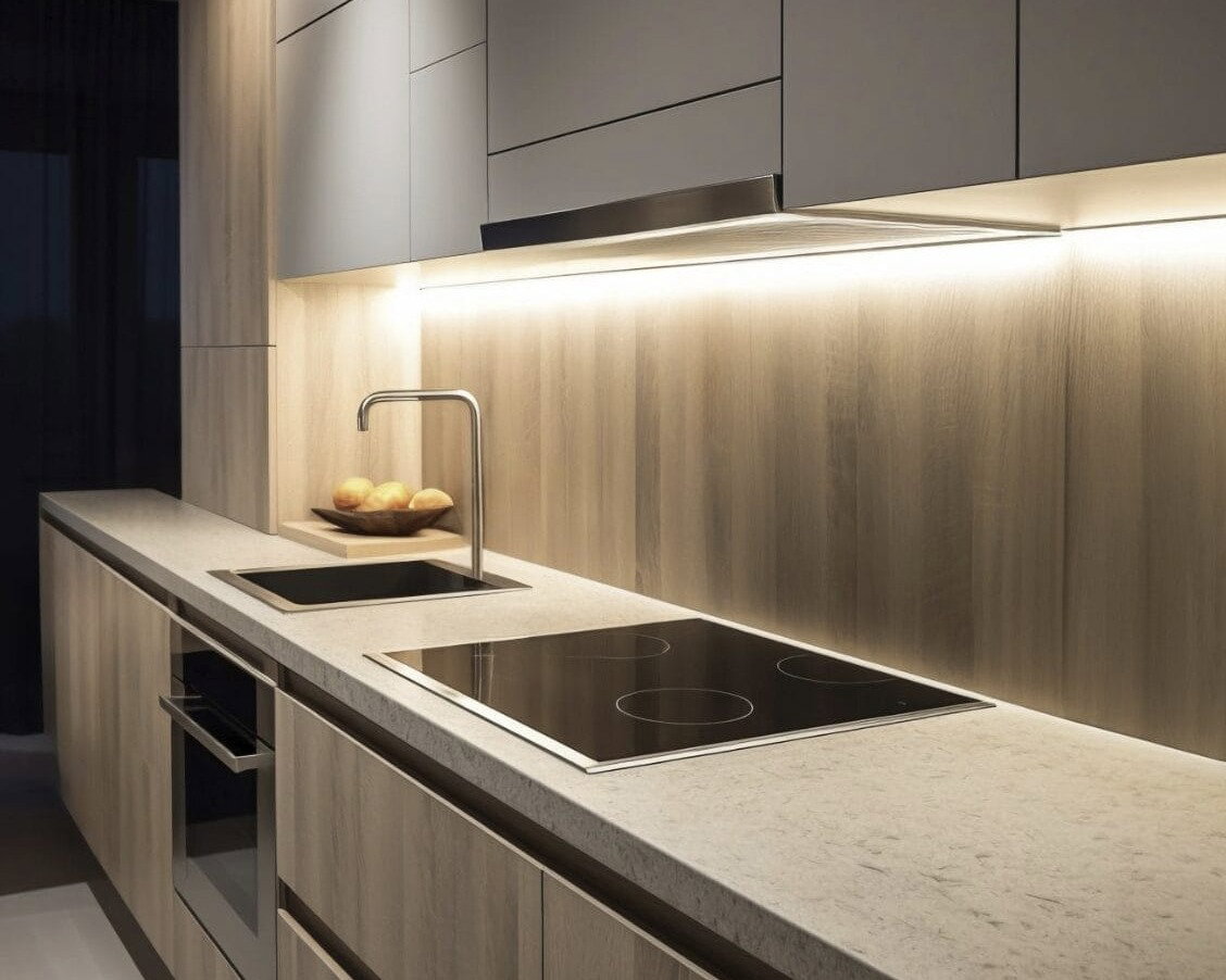 Moderne Küchenzeile mit integrierter LED-Unterbauleuchte und Deckenstrahlern für optimale Ausleuchtung