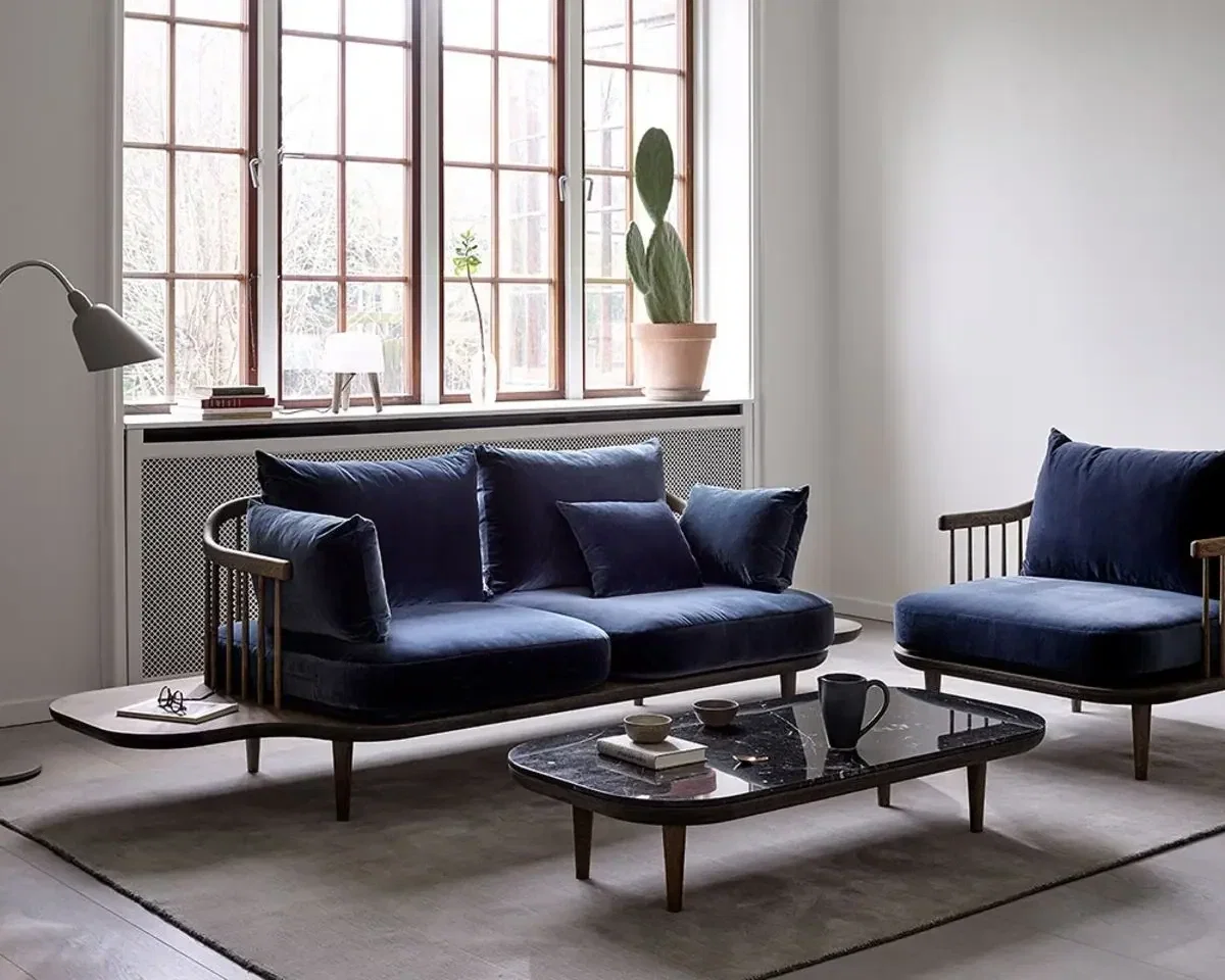 blaues sofa mit sessel, industrial
