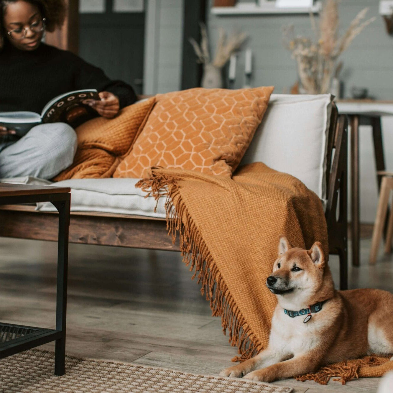 Gemütliche Wohnsituation mit Person und Hund im Wohnzimmer – Sinnbild für Nähe, Wärme und den einladenden Nurturer-Archetypen.