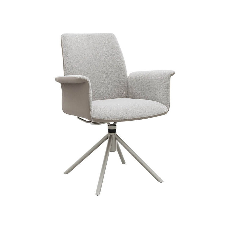 Armlehnstuhl Sedana in Grau – drehbarer Designstuhl mit Kombination aus Leder und Stoff, gepolstert für hohen Sitzkomfort, ideal für Esszimmer und Wohnbereich, modernes und elegantes Möbelstück