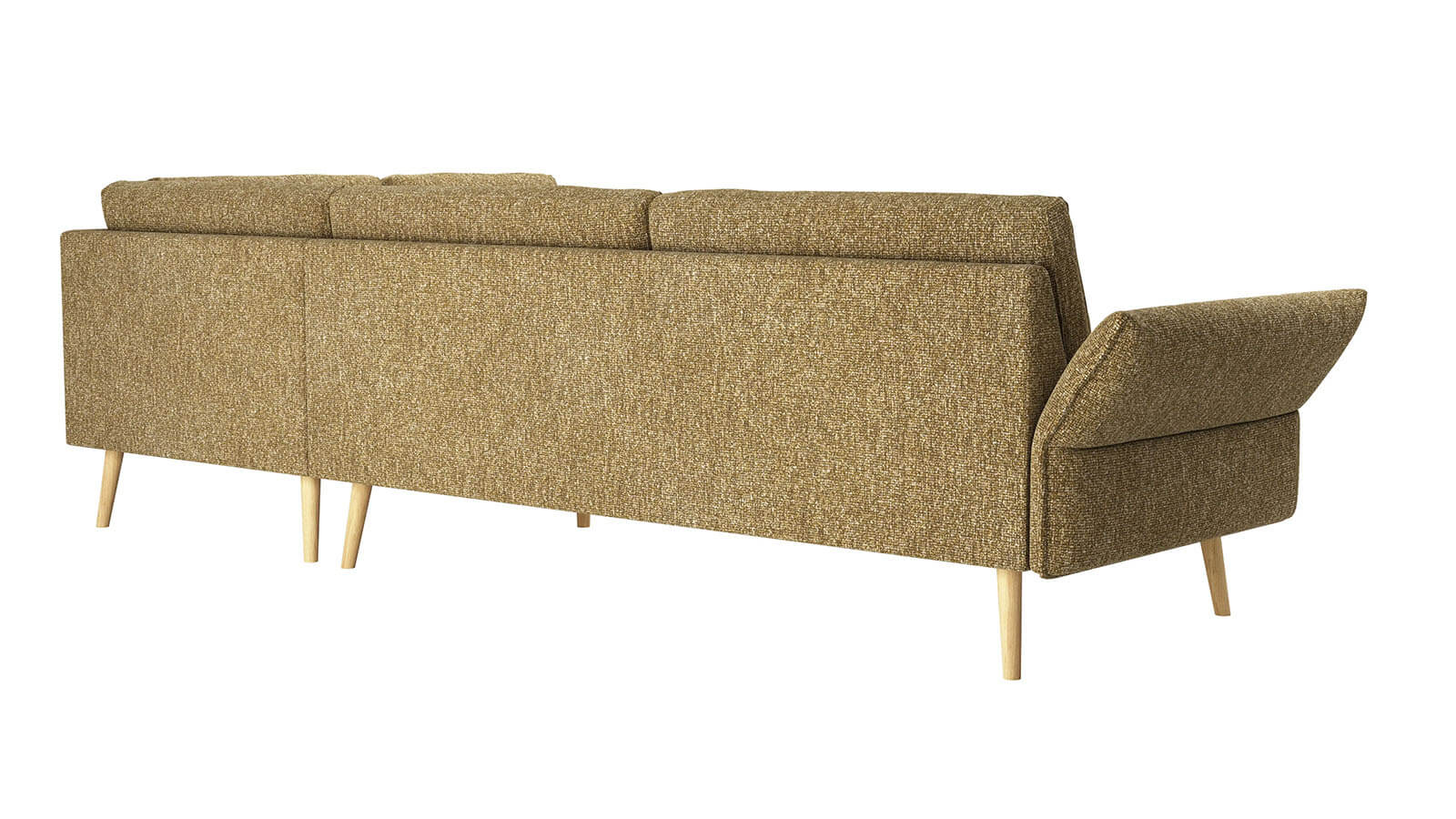 Curryfarbenes Ecksofa im skandinavischen Design mit Eichenholzfüßen und gepolsterter Sitz- und Rückenfläche.