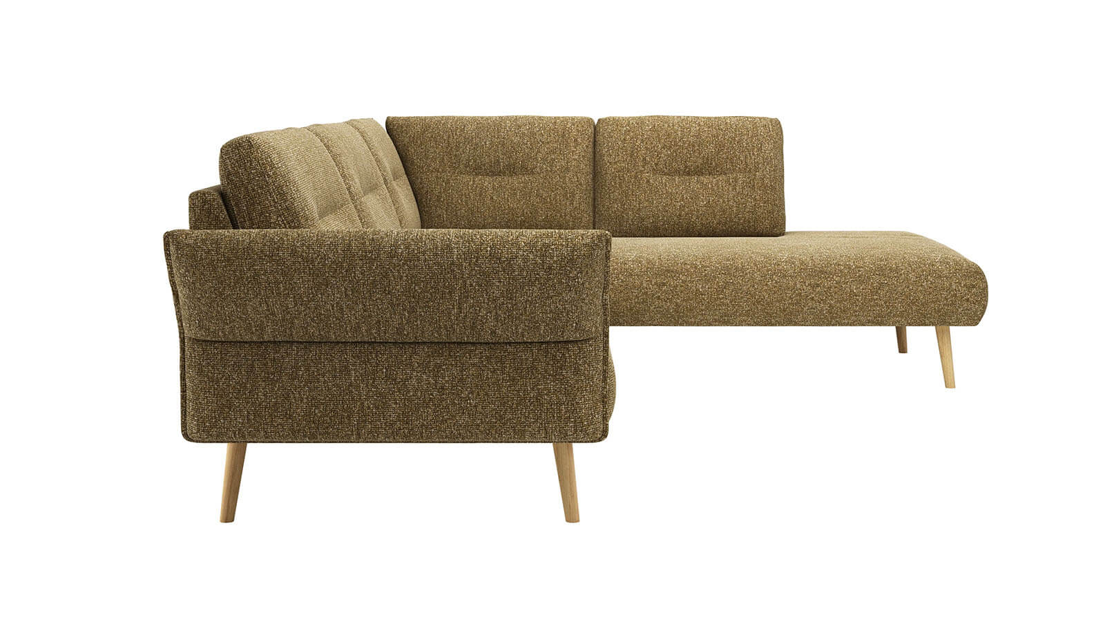 Curryfarbenes Ecksofa im skandinavischen Design mit Eichenholzfüßen und gepolsterter Sitz- und Rückenfläche.