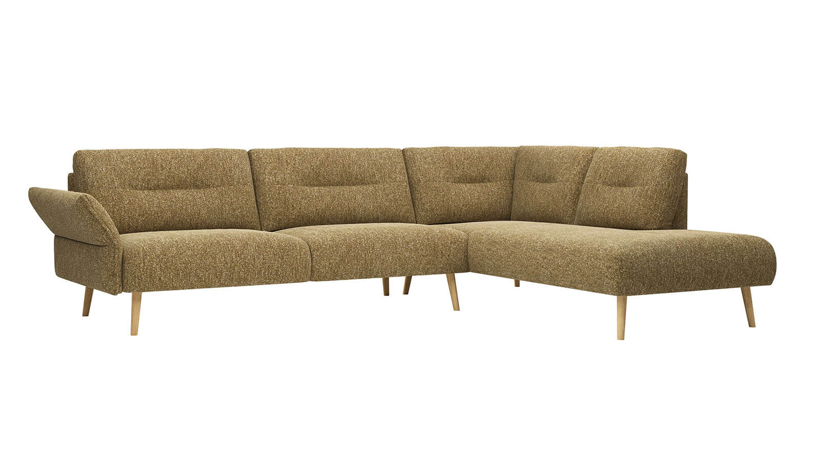 Curryfarbenes Ecksofa im skandinavischen Design mit Eichenholzfüßen und gepolsterter Sitz- und Rückenfläche.