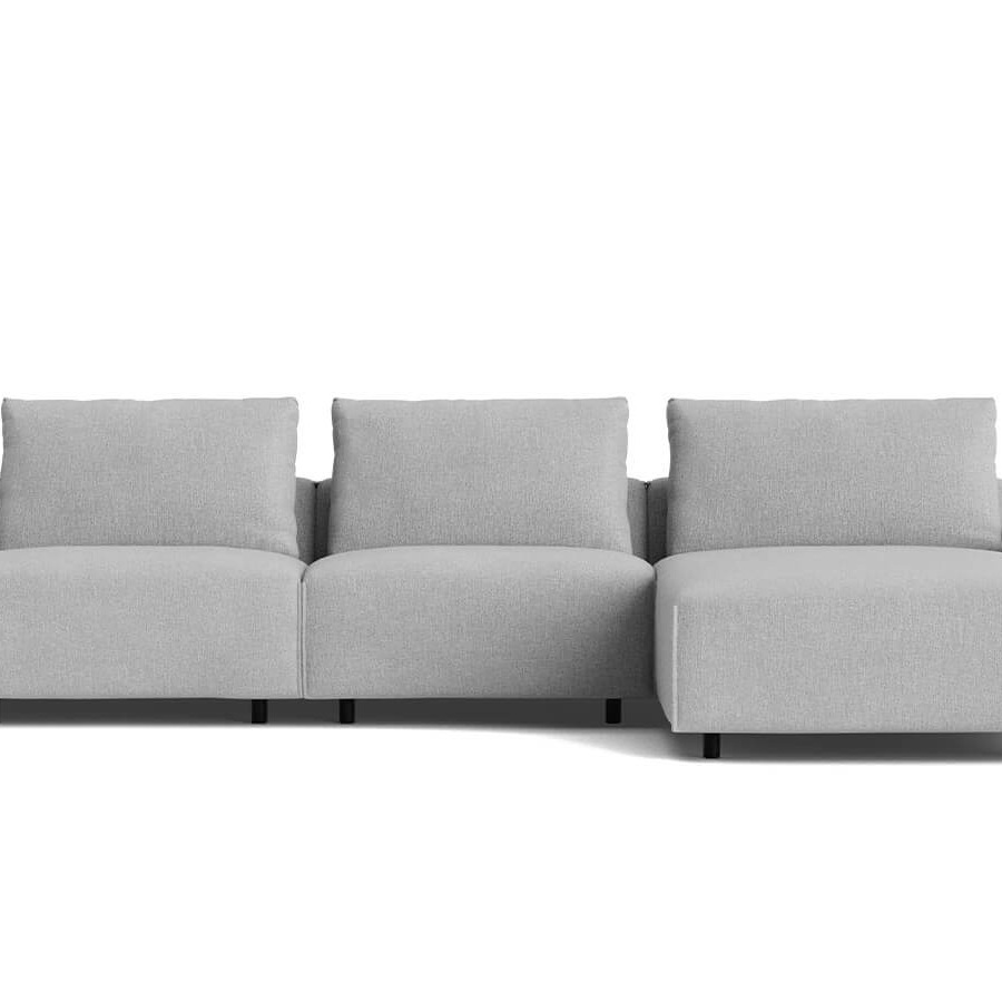 Graues Ecksofa mit Longchair rechts, Relaxfunktion und weicher Polsterung im modernen Design.