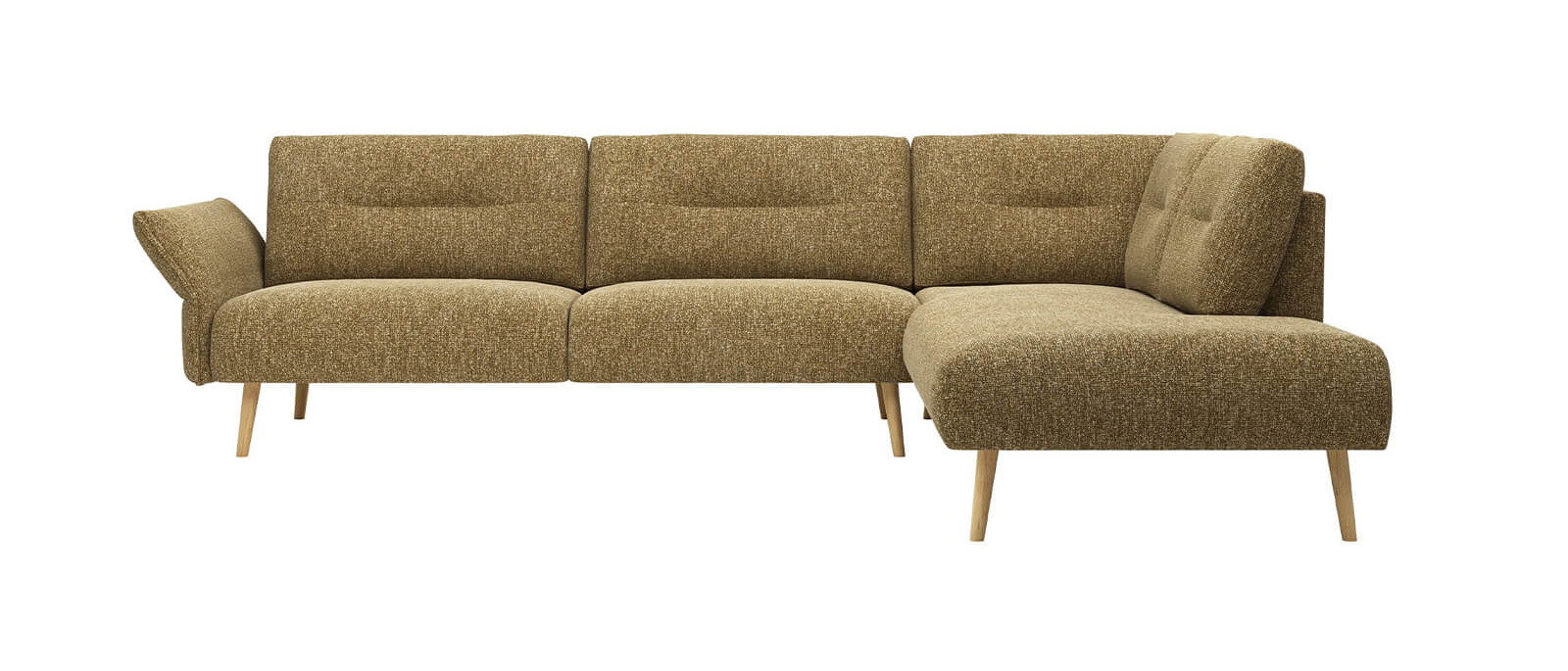 Curryfarbenes Ecksofa im skandinavischen Design mit Eichenholzfüßen und gepolsterter Sitz- und Rückenfläche.
