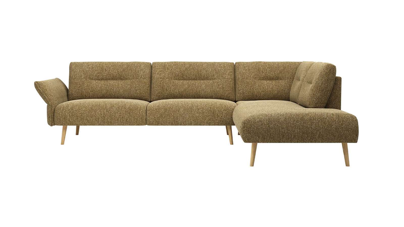 Curryfarbenes Ecksofa im skandinavischen Design mit Eichenholzfüßen und gepolsterter Sitz- und Rückenfläche.