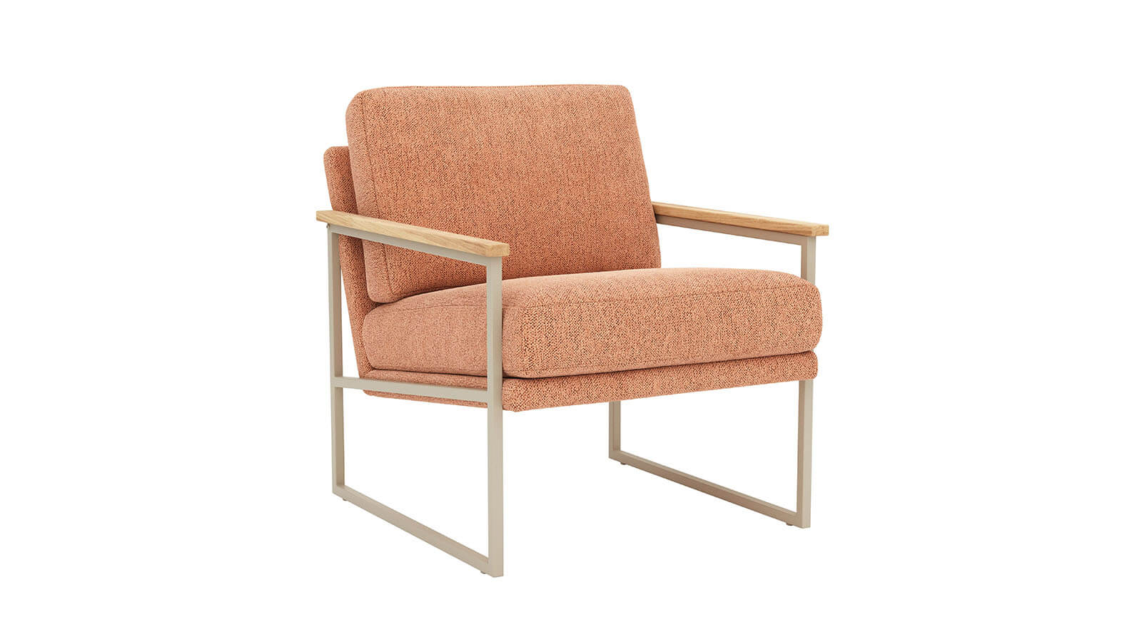 Puderfarbener Loungesessel mit weißem Metallgestell und weicher Polsterung im eleganten Design.