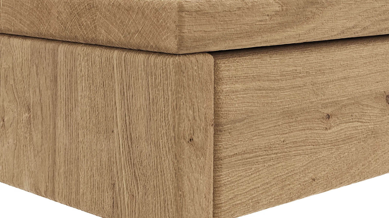 Nachttisch aus massiver Wildeiche geölt und sandgestrahlt mit Schublade und grifflosem Design im natürlichen Stil.