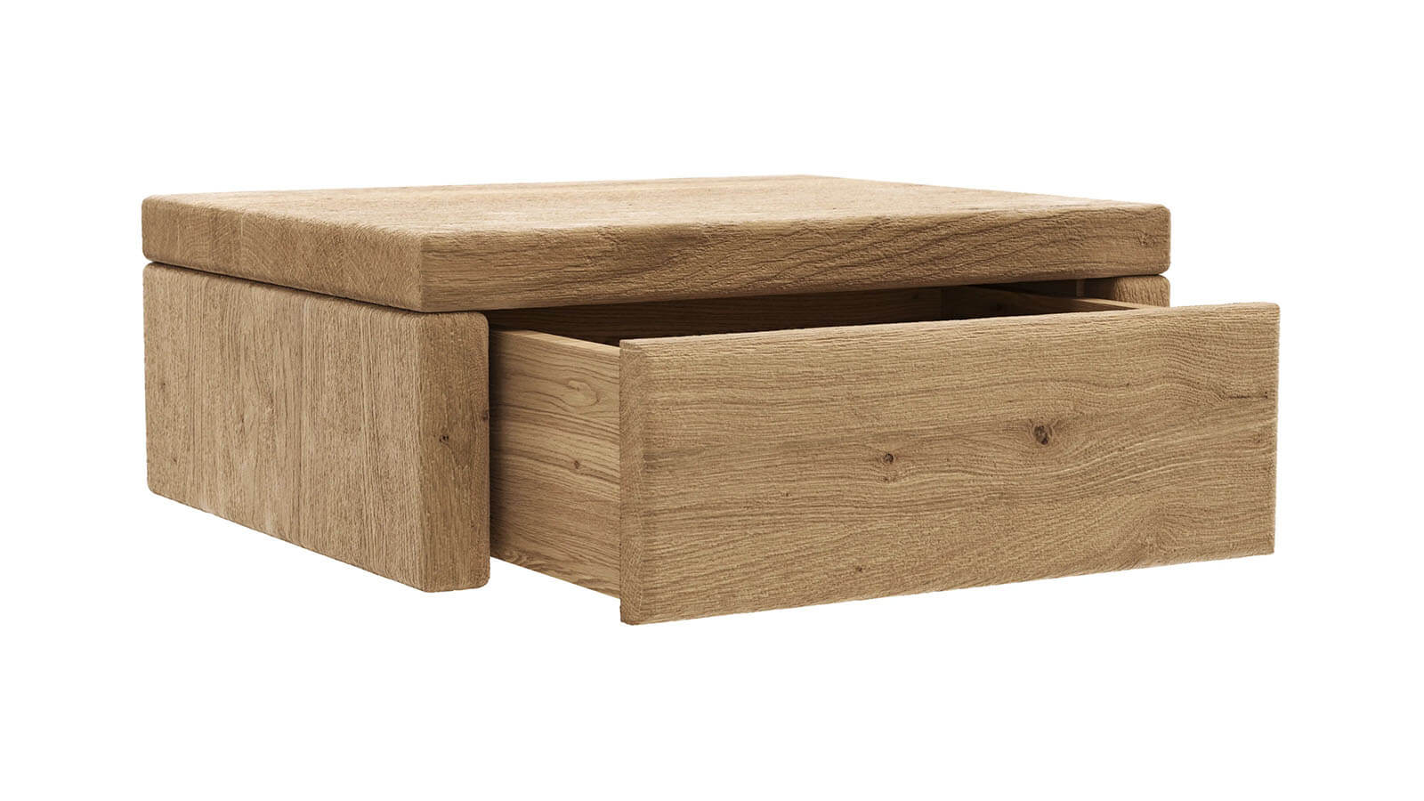 Nachttisch aus massiver Wildeiche geölt und sandgestrahlt mit Schublade und grifflosem Design im natürlichen Stil.