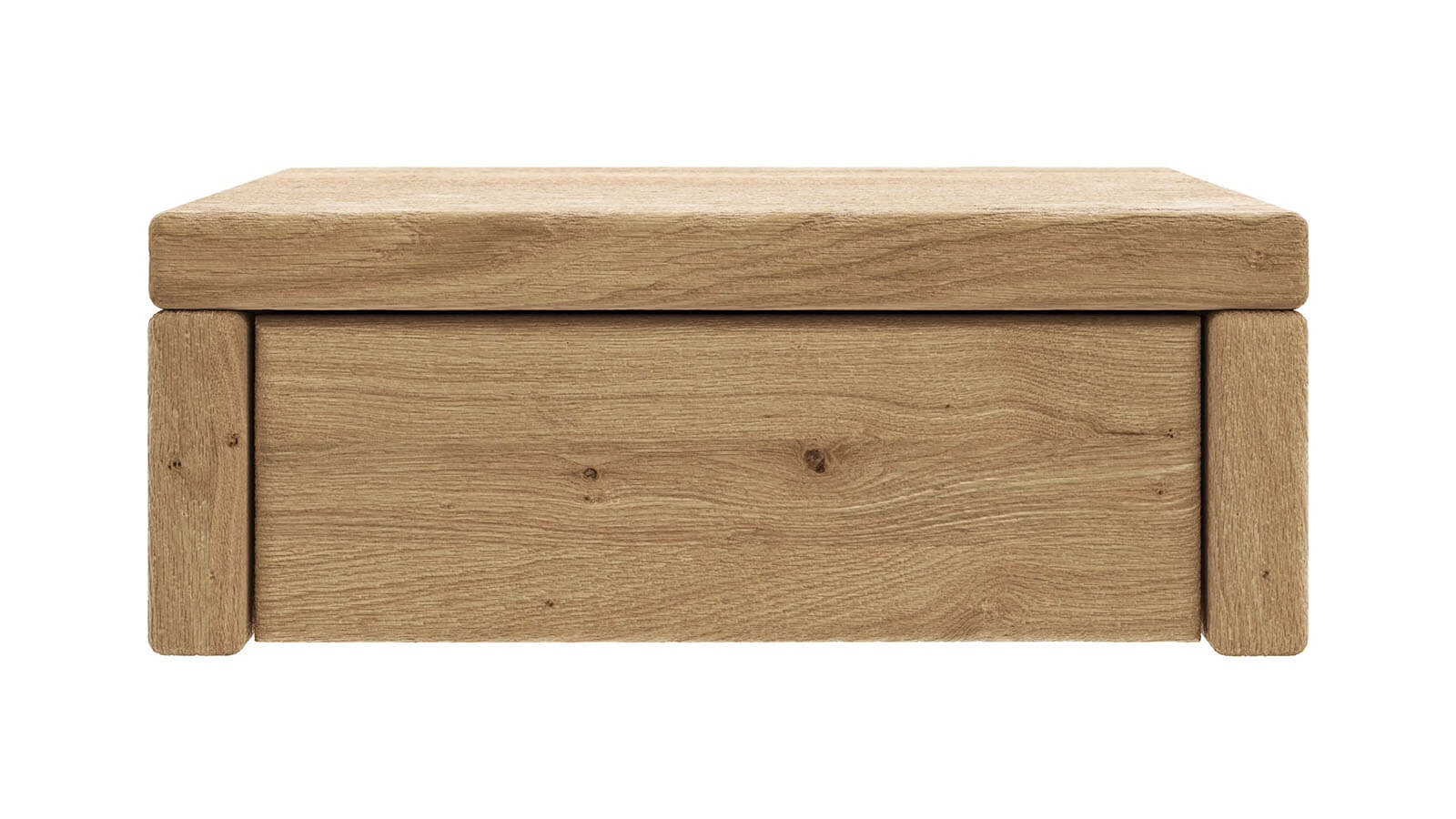 Nachttisch aus massiver Wildeiche geölt und sandgestrahlt mit Schublade und grifflosem Design im natürlichen Stil.