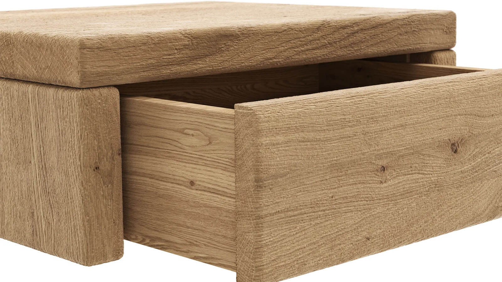 Nachttisch aus massiver Wildeiche geölt und sandgestrahlt mit Schublade und grifflosem Design im natürlichen Stil.