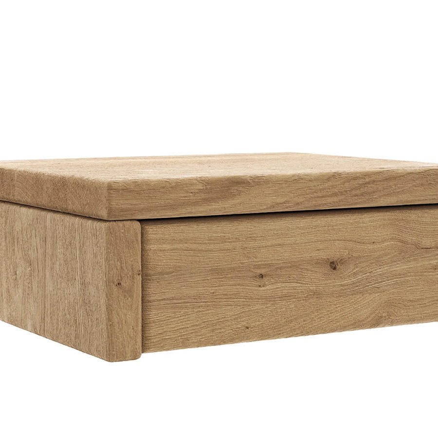 Nachttisch aus massiver Wildeiche geölt und sandgestrahlt mit Schublade und grifflosem Design im natürlichen Stil.