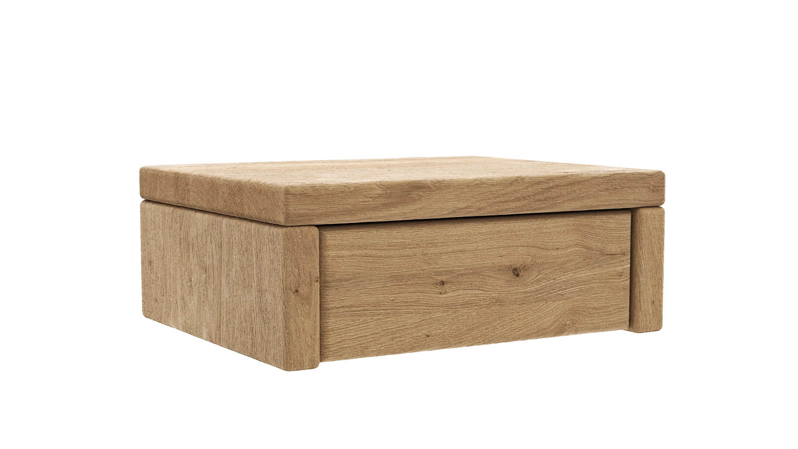Nachttisch aus massiver Wildeiche geölt und sandgestrahlt mit Schublade und grifflosem Design im natürlichen Stil.