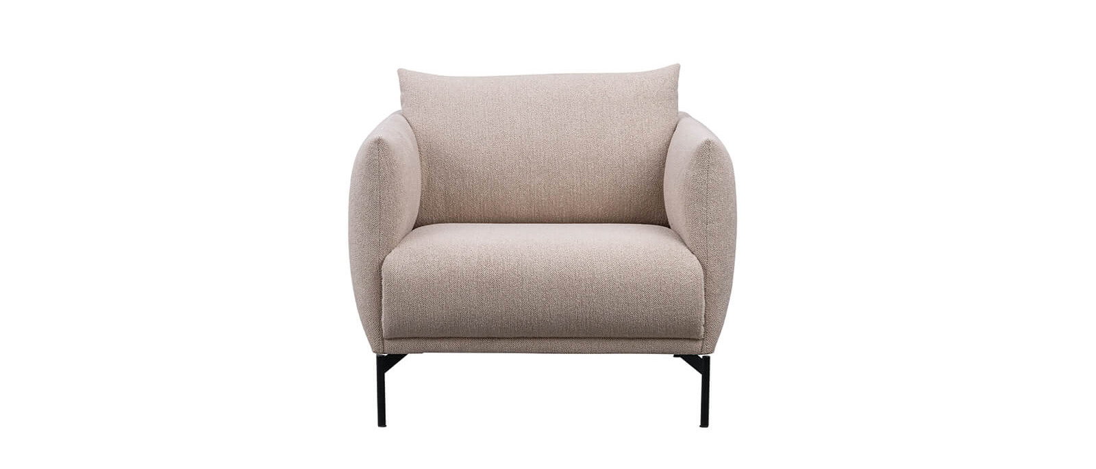 Beiger Sessel im skandinavischen Design mit schwarzem Metallgestell und gepolsterter Sitz- und Rückenfläche.