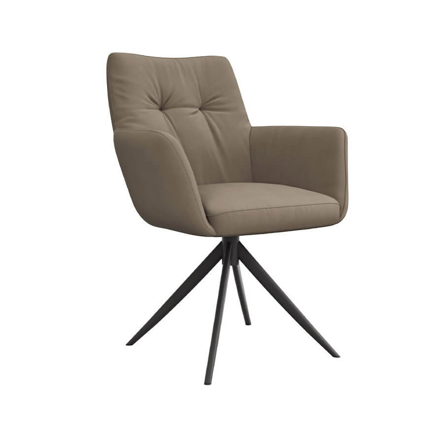 Drehbarer Armlehnstuhl Nashfield Comfort aus taupefarbenem Leder mit schwarzem Metall-Stativgestell und moderner Double-Steppung