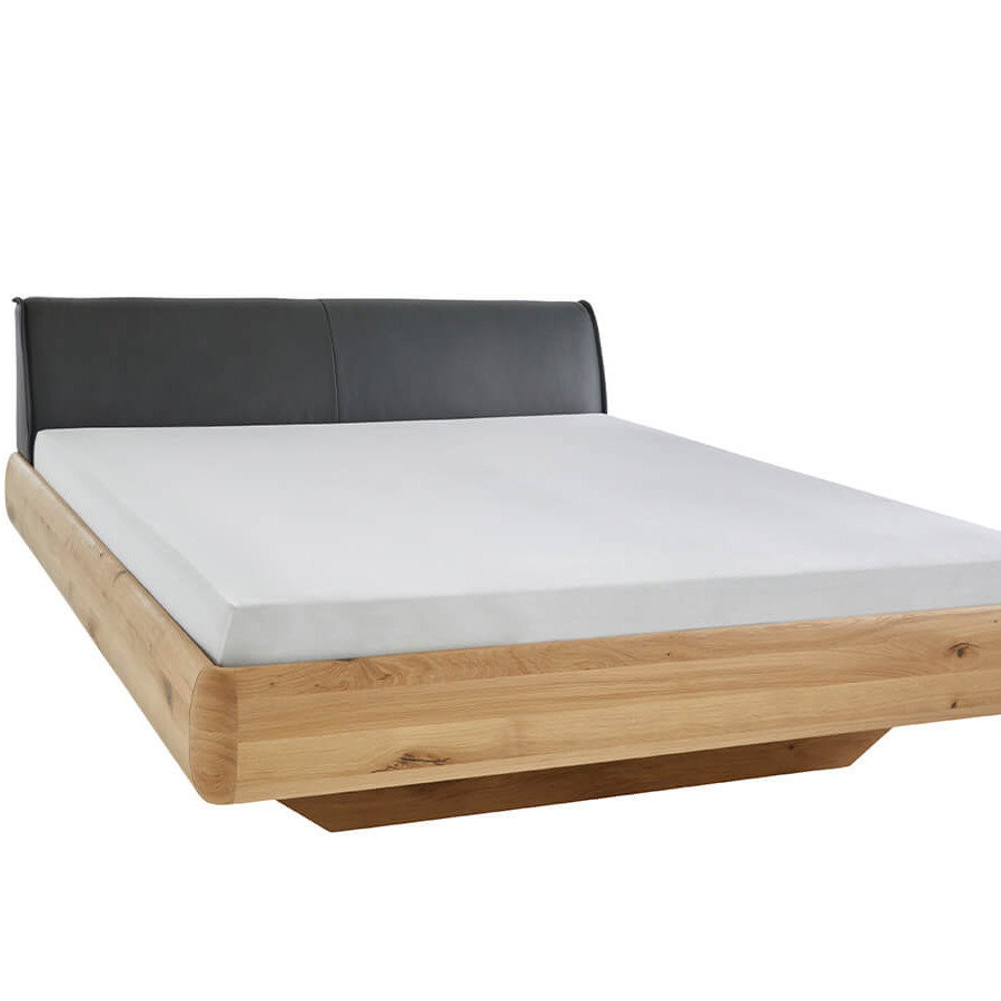 Modernes Holzbett aus Asteiche mit Lederkopfteil in Anthrazit für stilvolles Schlafzimmerdesign