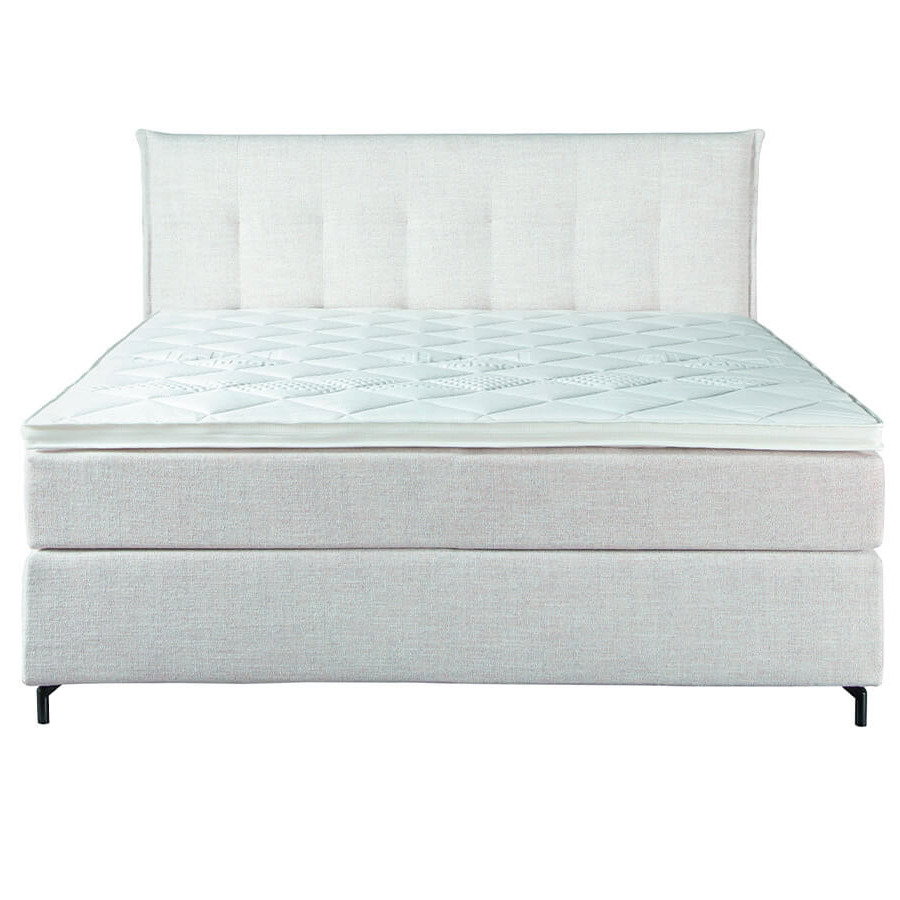 Boxspringbett in natürlichem Stoffdesign mit gepolstertem Kopfteil, komfortabler Liegefläche und hochwertigem Taschenfederkernsystem für erholsamen Schlafkomfort im Schlafzimmer.