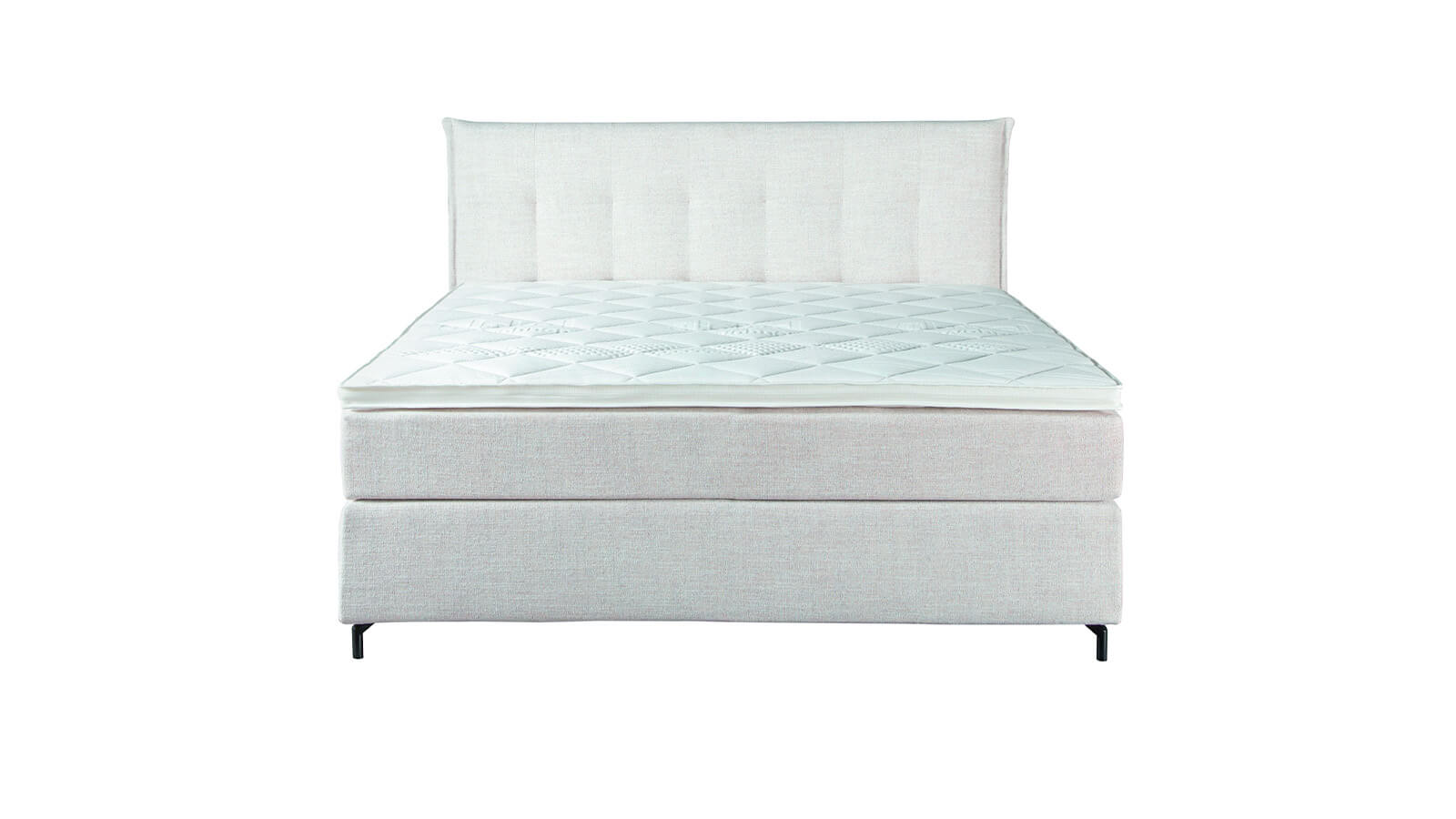 Boxspringbett in natürlichem Stoffdesign mit gepolstertem Kopfteil, komfortabler Liegefläche und hochwertigem Taschenfederkernsystem für erholsamen Schlafkomfort im Schlafzimmer.