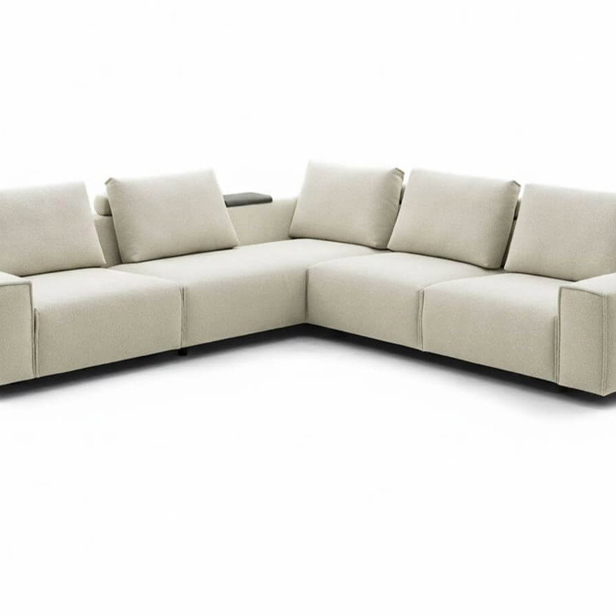 Modulares Ecksofa Sorano in Graubeige mit hochwertiger Polsterung und optionaler Relax- und Motorfunktion, modernes Wohnzimmer-Sofa im zeitlosen Design