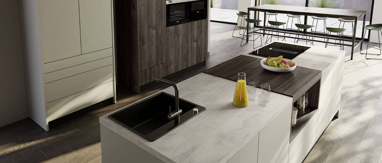 Moderne Inselk&uuml;che in Kieselgrau mit Miele Einbauger&auml;ten von Contur-K&uuml;che