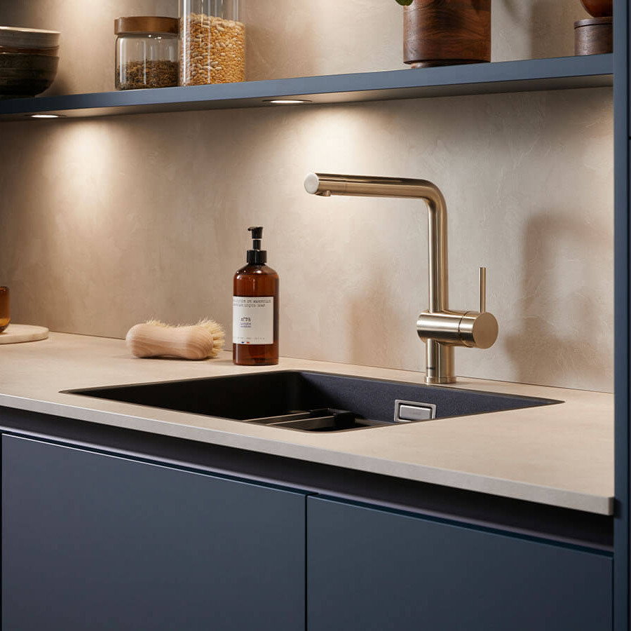 Moderne Inselküche in dunkler Eiche mit Miele Einbaugeräten und großzügiger Kücheninsel