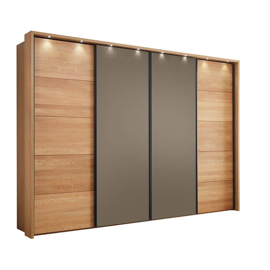 Schwebetürenschrank aus Eiche und Glas in Graubraun mit modernen Griffleisten, viel Stauraum und hochwertigem Design für stilvolle Schlafzimmer