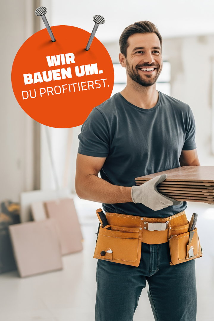 Mobiler Header. Wir bauen um. Du profitierst von unserem Lärmbonus. Bei Franke Home Company in Lübeck.