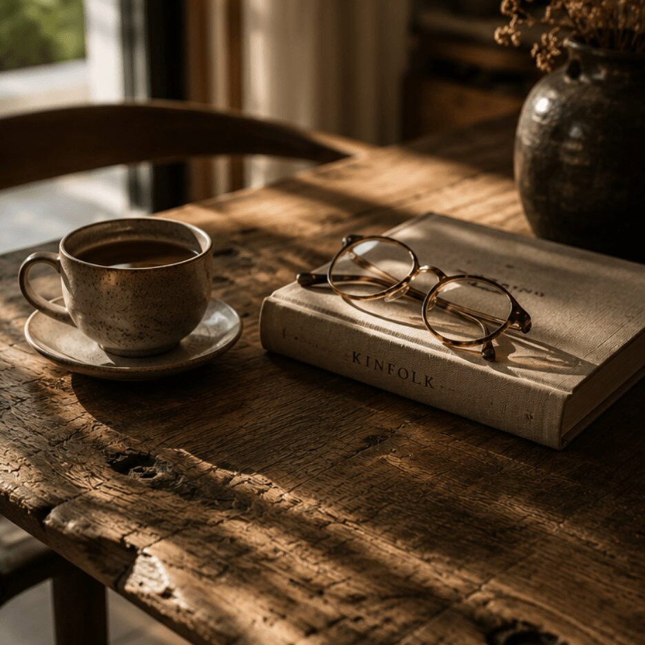 Massivholztisch mit sichtbarer Patina, Kaffeetasse und Buch als Symbol f&uuml;r hochwertige M&ouml;bel, die mit den Jahren an Charakter gewinnen.