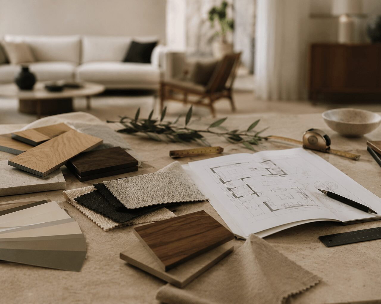 Holz- und Stoffmuster, Farbkarten und ein Wohnungsgrundriss auf einem Tisch als Symbol für durchdachte Einrichtung und das Hinterfragen von Einrichtungsmythen.