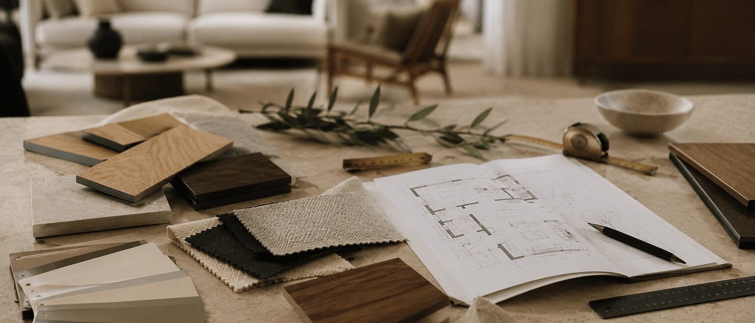 Holz- und Stoffmuster, Farbkarten und ein Wohnungsgrundriss auf einem Tisch als Symbol für durchdachte Einrichtung und das Hinterfragen von Einrichtungsmythen.