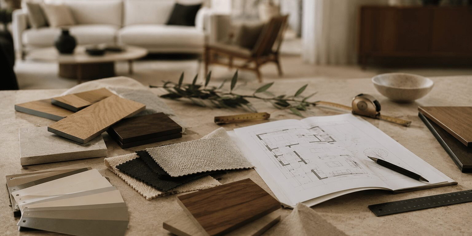 Holz- und Stoffmuster, Farbkarten und ein Wohnungsgrundriss auf einem Tisch als Symbol f&uuml;r durchdachte Einrichtung und das Hinterfragen von Einrichtungsmythen.