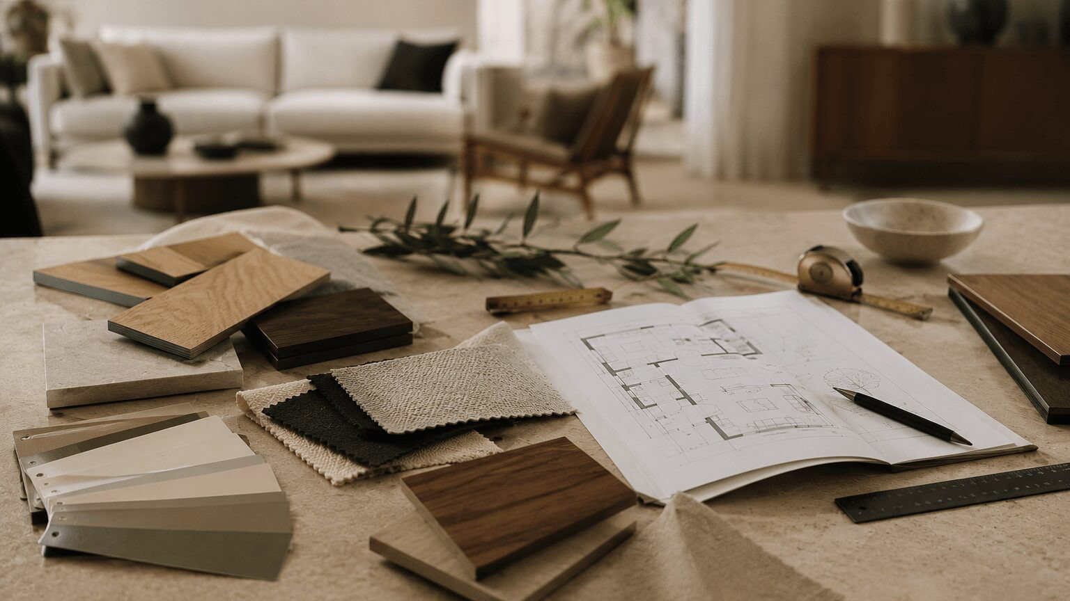 Holz- und Stoffmuster, Farbkarten und ein Wohnungsgrundriss auf einem Tisch als Symbol für durchdachte Einrichtung und das Hinterfragen von Einrichtungsmythen.