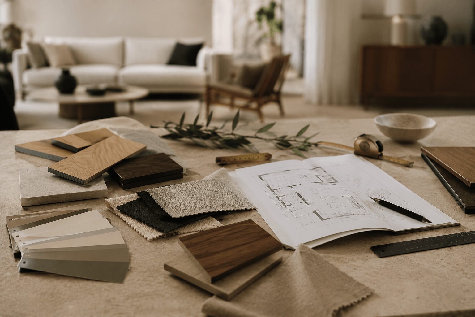 Holz- und Stoffmuster, Farbkarten und ein Wohnungsgrundriss auf einem Tisch als Symbol für durchdachte Einrichtung und das Hinterfragen von Einrichtungsmythen.