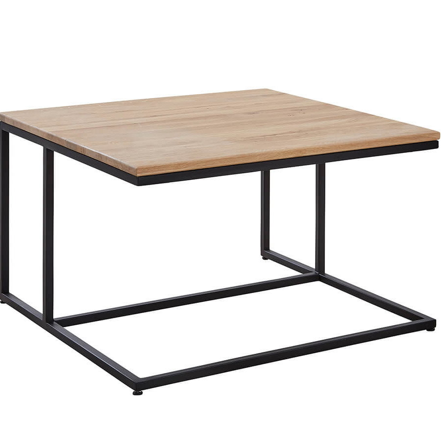 Quadratischer Couchtisch Albany von Global Family mit massiver geölter Eichenholzplatte und schwarzem Metallgestell