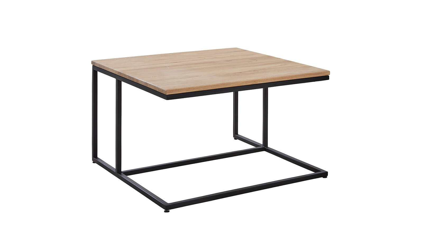 Quadratischer Couchtisch Albany von Global Family mit massiver geölter Eichenholzplatte und schwarzem Metallgestell