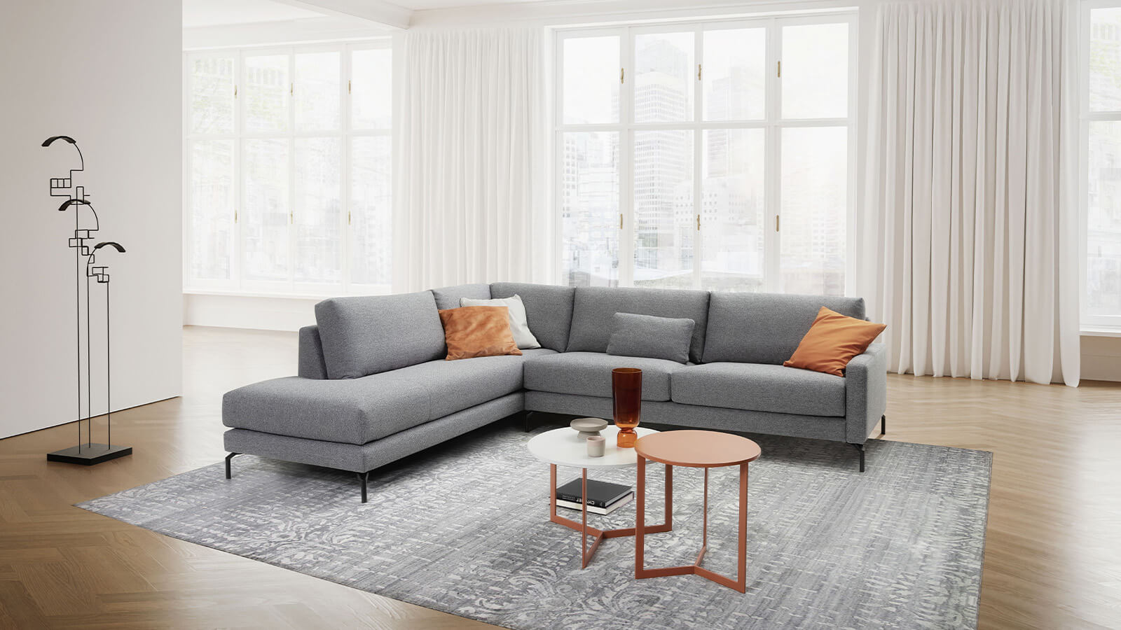 Contur Cuneo Ecksofa in Graublau mit kubischen Armlehnen und modernem Design