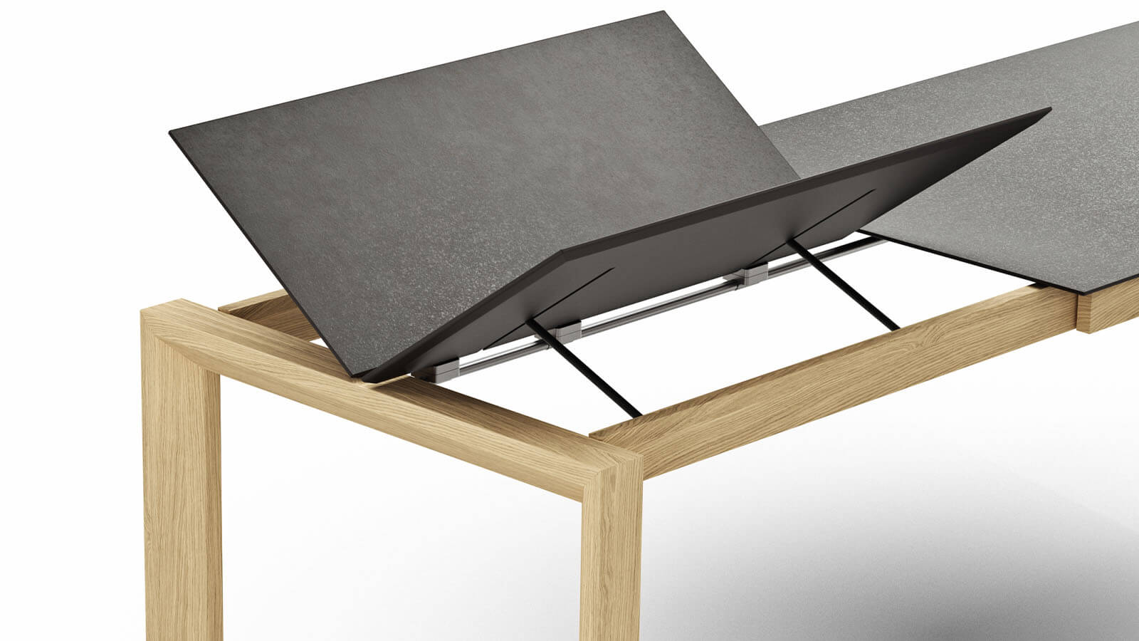 Moderner ausziehbarer Esstisch Global 5000 von Global Comfort mit dunkler Granit-Design-Platte und hellen Holzbeinen