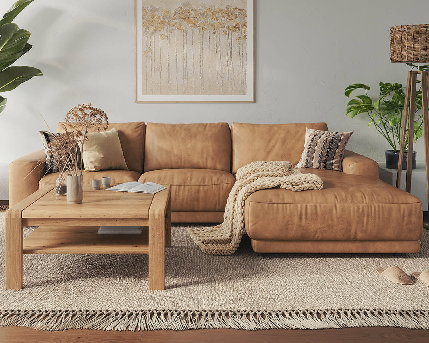 zuhause einrichten Wohnlandschaft hellbraune eckcouch