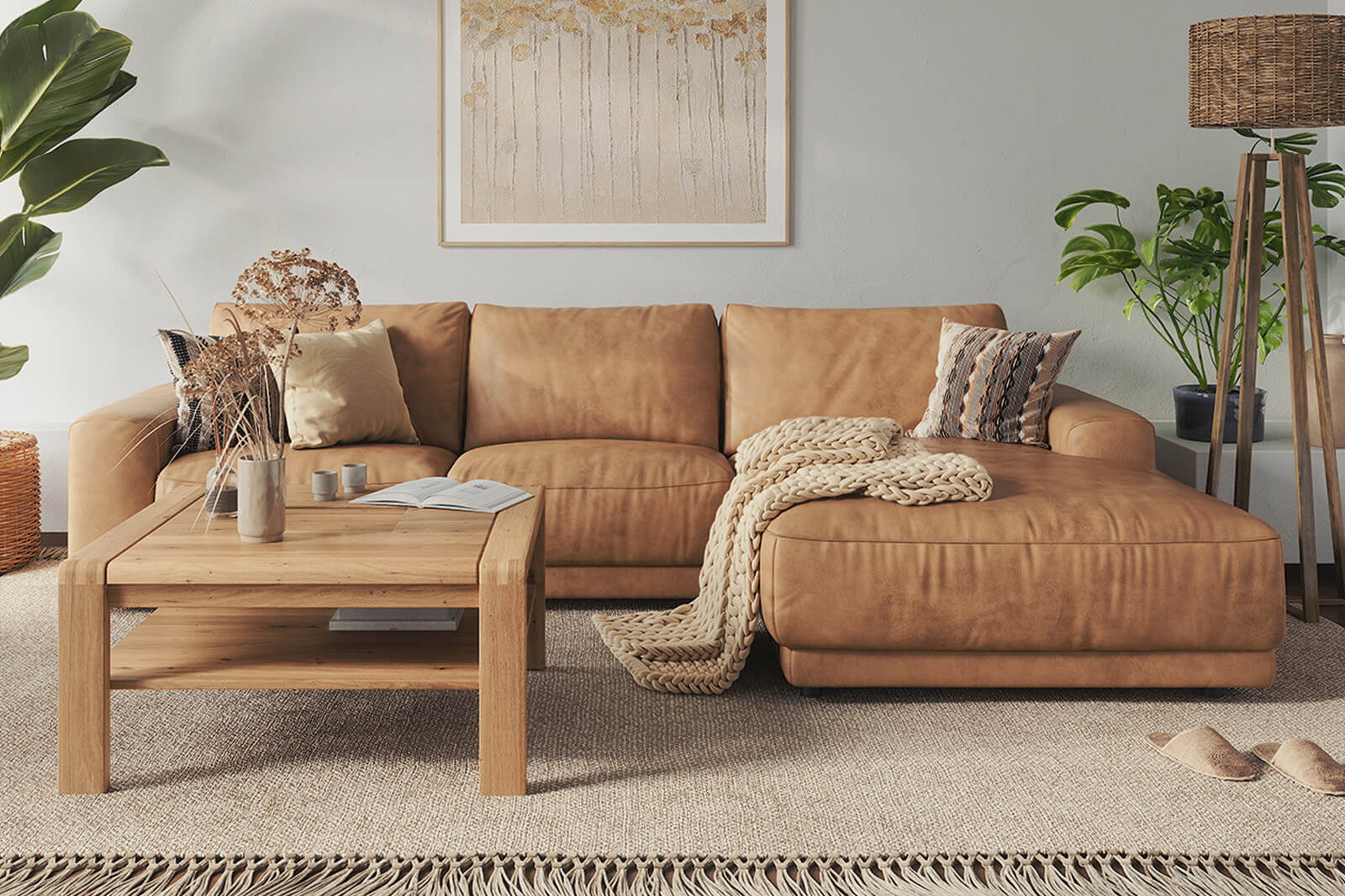 zuhause einrichten Wohnlandschaft hellbraune eckcouch