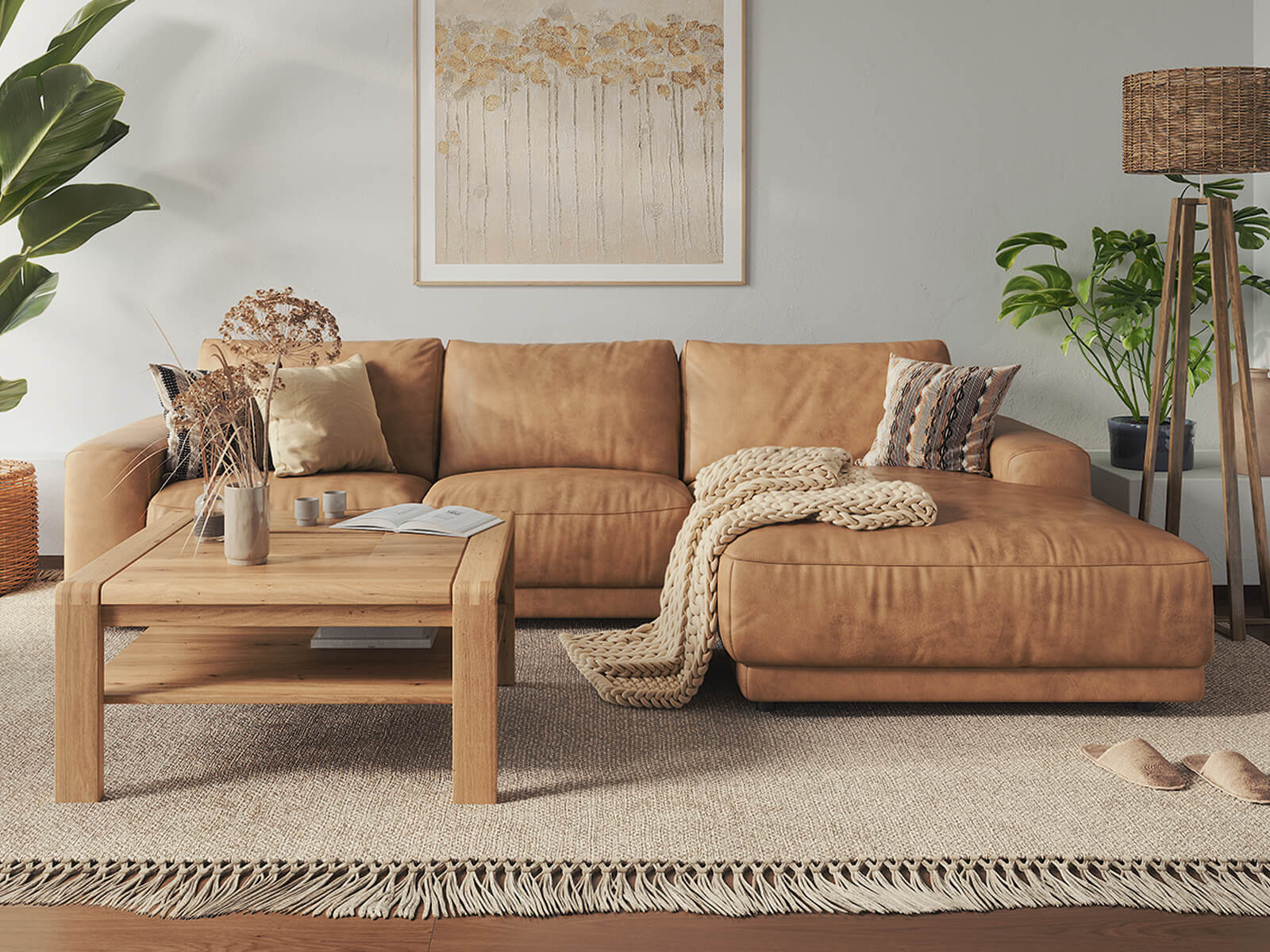 zuhause einrichten Wohnlandschaft hellbraune eckcouch