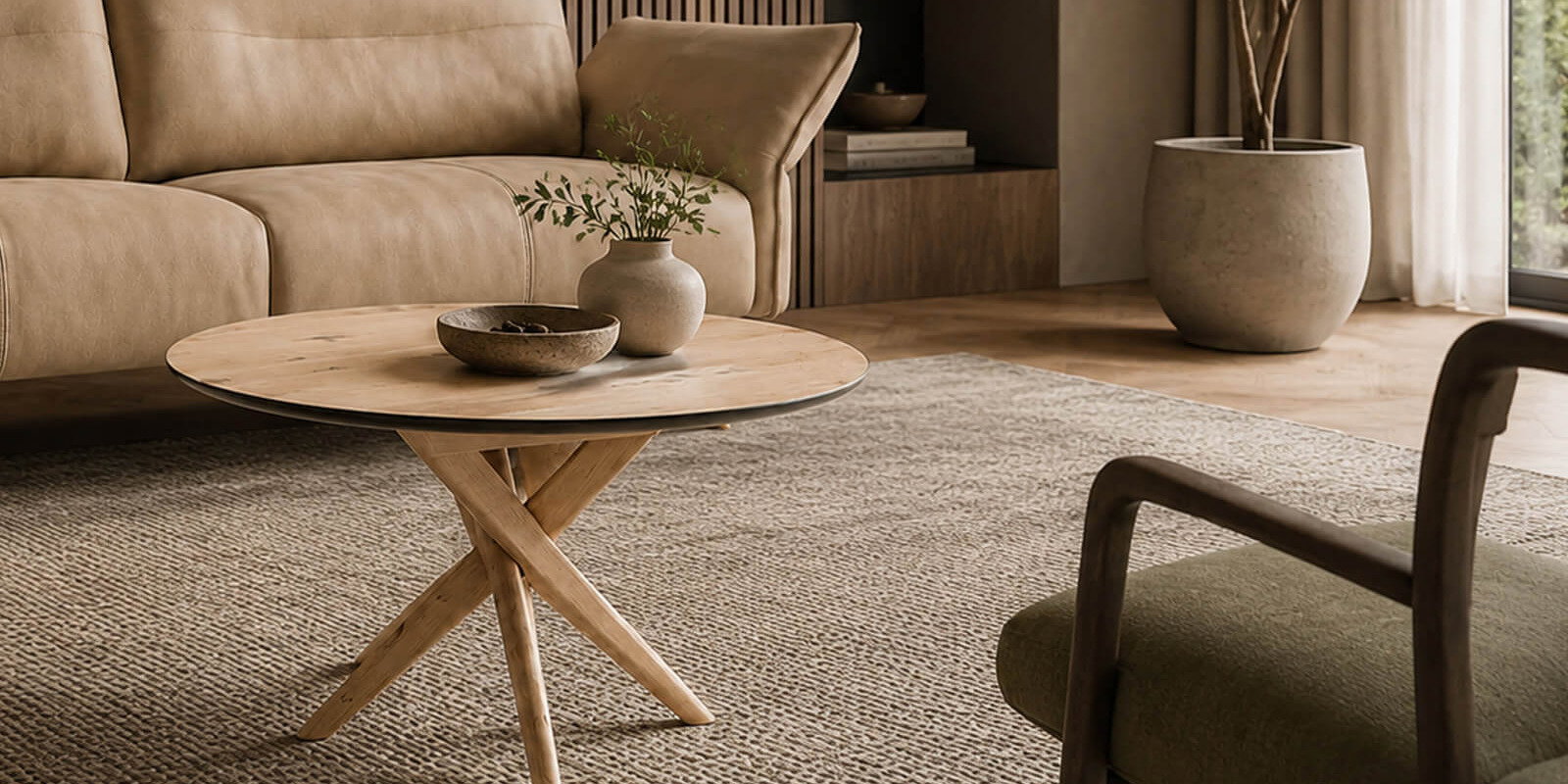 Ein runder Couchtisch aus hellem Holz von Jakobsen Copenhagen steht als eleganter Mittelpunkt vor einem beigen Designsofa. Das warme Tageslicht unterstreicht die natürliche Holzmaserung, während eine moderne Vitrine mit indirekter Beleuchtung und eine stilvolle Zimmerpflanze eine ruhige, skandinavische Wohnatmosphäre schaffen.