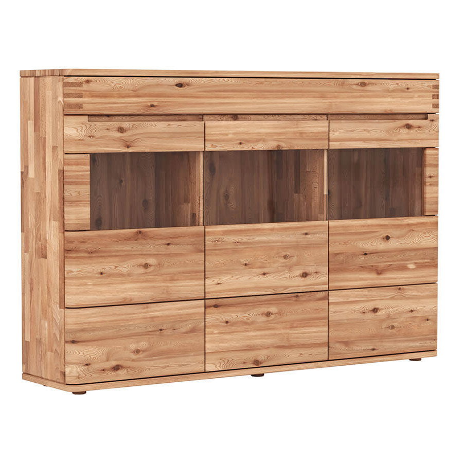 Massivholz-Highboard aus natur geölter Astbuche mit gerundeten Fronten und großzügigem Stauraum